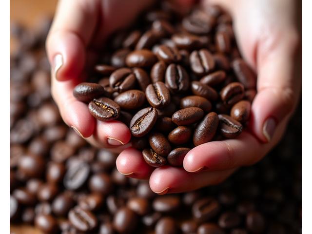 Close-up of freshly roasted Arabica coffee beans being sorted by hand, showcasing rich color and texture.