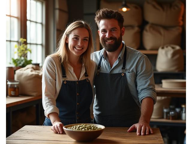 Emily and Thomas Reynolds, founders of Hearthwood Roasters, smiling next to their first small coffee roaster in Tunbridge Wells.