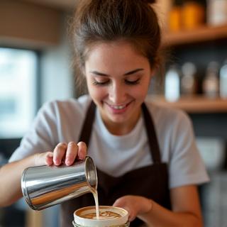 Portrait of Sarah Jenkins, Lead Barista, expertly preparing a latte with intricate latte art.