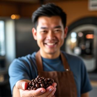 Portrait of David Chen, Hearthwood Roasters' Head Roaster, confidently inspecting coffee beans.