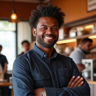 Portrait of Michael Green, Operations Manager, smiling warmly in the Hearthwood cafe, overseeing daily activities.