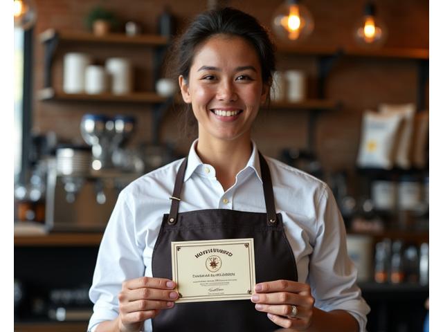 A professional barista proudly holding a coffee award or certificate, standing next to a high-end espresso machine, symbolizing career achievement.