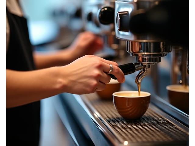 A close-up shot of a student's hands skillfully operating an espresso machine's portafilter, with an instructor's hands guiding from behind.