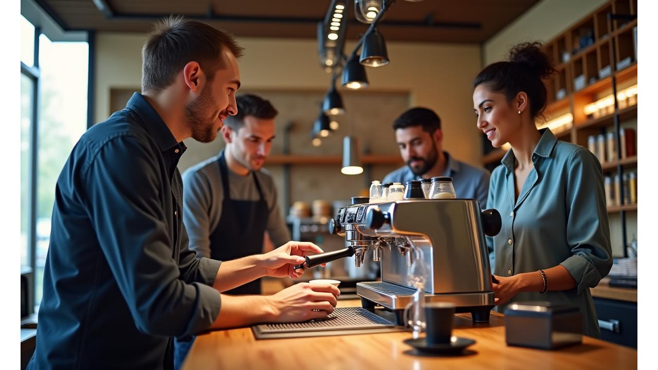 An instructor demonstrating espresso pulling technique to a small group of attentive students in a modern, well-lit coffee lab with professional espresso machines.
