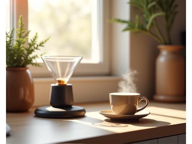 A perfectly brewed cup of coffee being poured from a glass Chemex into a ceramic mug, with an assortment of specialty coffee brewing equipment in a cozy home kitchen setting.