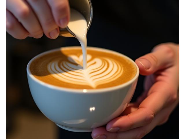 A barista skillfully pouring milk to create a delicate rosetta latte art design in a ceramic cup, with steam rising and warm café lighting.