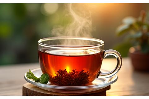 Hot cup of loose leaf herbal tea with steam rising.
