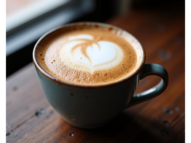Frothy cappuccino in a rustic ceramic cup on a wooden surface.