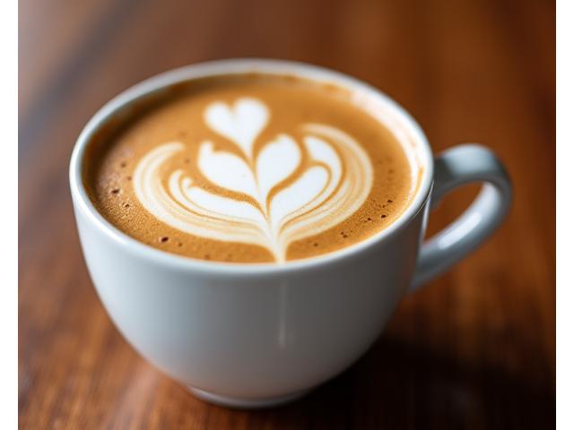 Close-up of a latte with intricate latte art, in a ceramic mug.