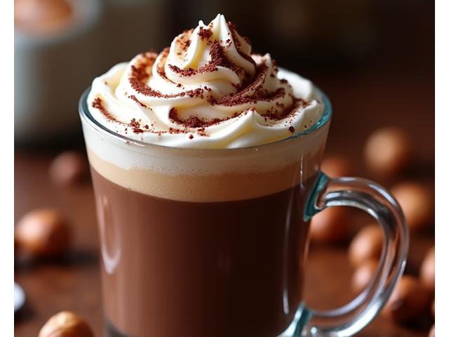 Mocha topped with whipped cream and chocolate drizzle.