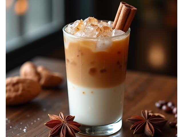 Iced coffee drink with spices, indicating a seasonal offering.