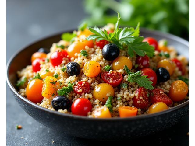Refreshing quinoa salad with roasted vegetables.