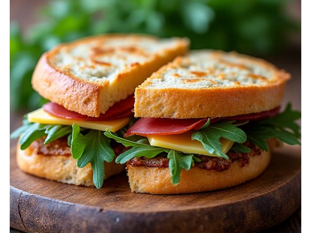 Artisan sandwich with fresh ingredients on a wooden board.