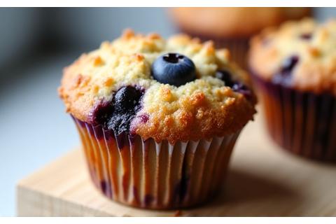Vegan blueberry muffin with crumble topping.