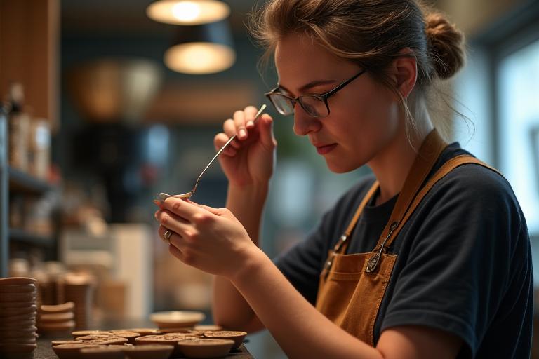 Master roaster carefully cupping and tasting coffee samples to develop a new blend