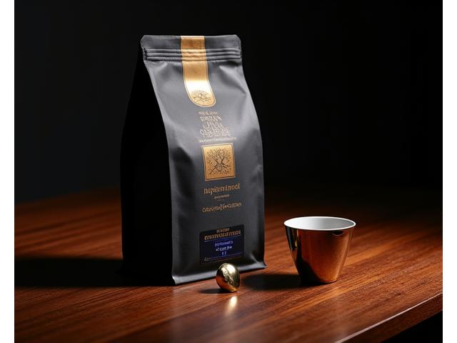 Luxurious, high-end coffee bag from the Collector's Series with a gold label, next to a precise coffee scale and cupping spoon