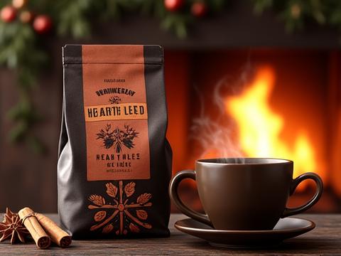 Coffee bag with festive winter packaging and a steaming mug