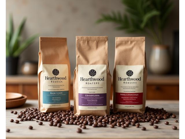 Hearthwood Roasters signature coffee blends, elegantly packaged on a wooden table with roasted coffee beans scattered around