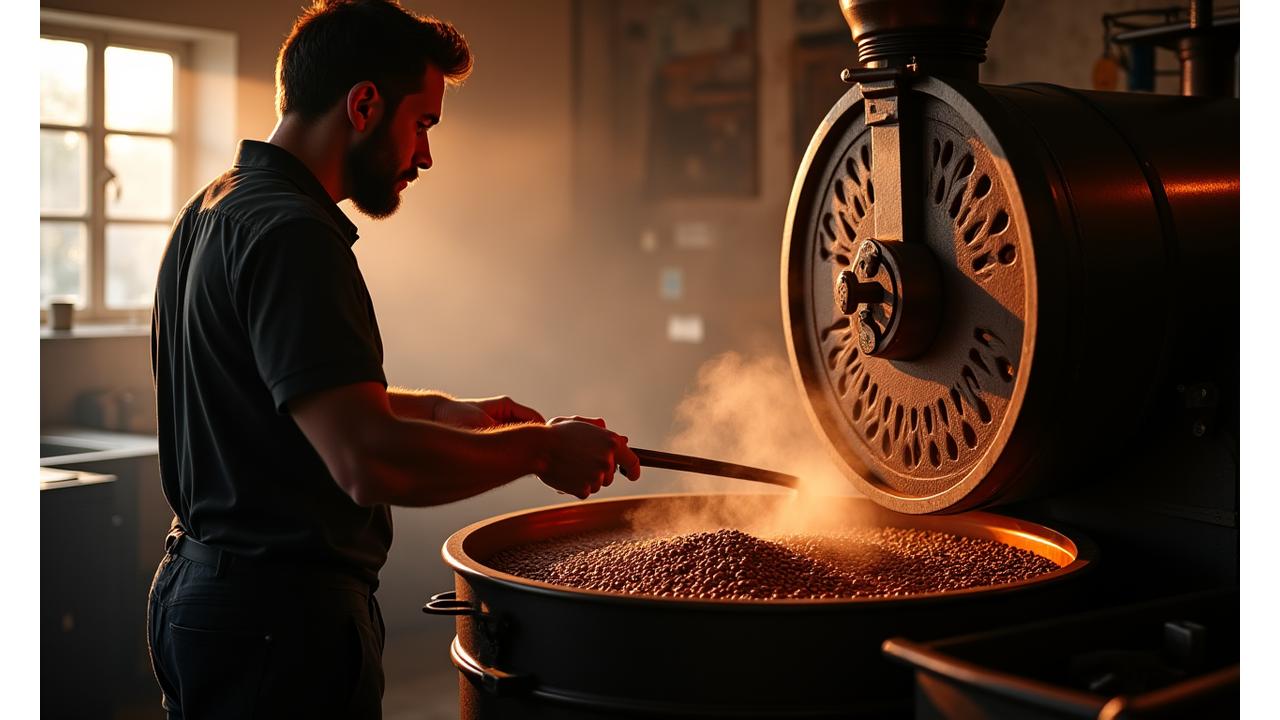 Artisan coffee roaster carefully tending to a drum full of roasting coffee beans