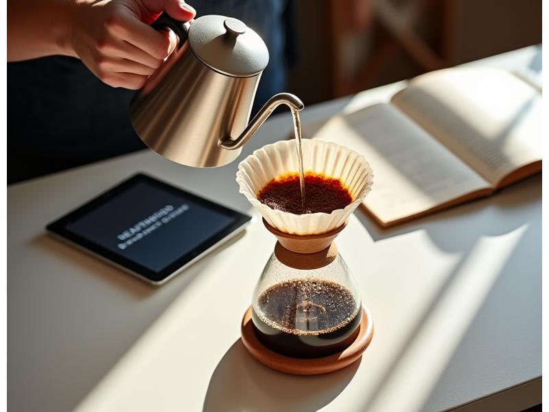 Person using a Chemex with freshly brewed coffee, illustrating home brewing