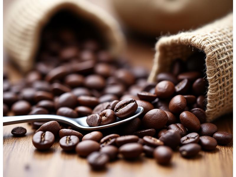 Various roasted coffee beans and a cupping spoon showcasing selection