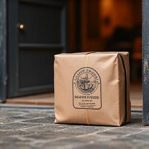 Package with Hearthwood Roasters logo being delivered to a doorstep