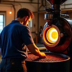 Artisan roaster carefully monitoring coffee beans