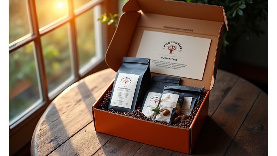 Artisan coffee subscription box with freshly roasted beans and brewing gear