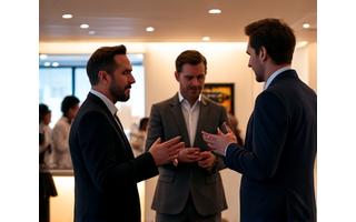 Professionally dressed attendees networking at a corporate event with a coffee bar in the background.