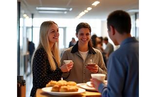 Office employees enjoying coffee and pastries from a mobile coffee bar during an appreciation event.