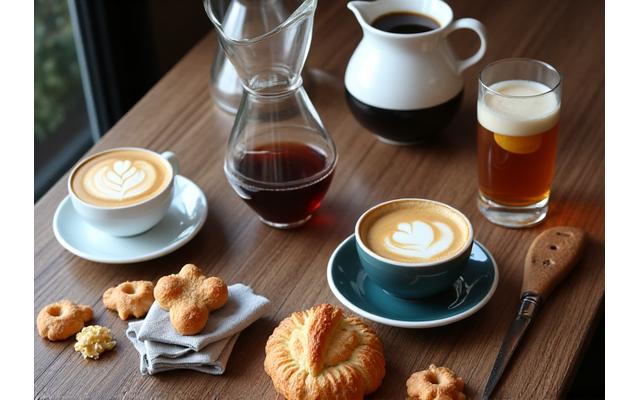 A beautiful spread of artisanal coffee drinks, including lattes with latte art, pour-over coffee, and delicate pastries.