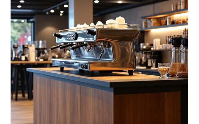 Sleek, modern mobile coffee bar with a polished espresso machine at an event venue.