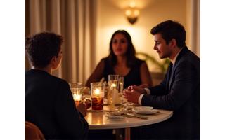 Guests relaxing and chatting at an intimate private gathering with a small, elegant coffee setup.