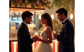 A bride and groom sharing a laugh by a stylish coffee bar at their wedding reception.