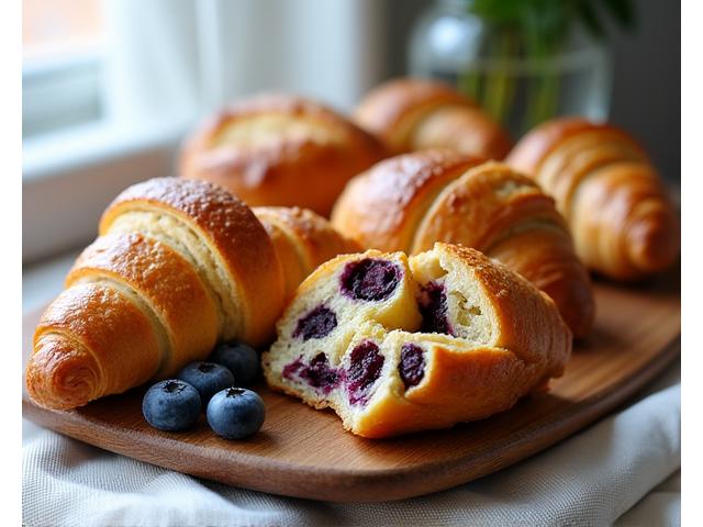 Assortment of freshly baked pastries, including croissants and pain au chocolat.