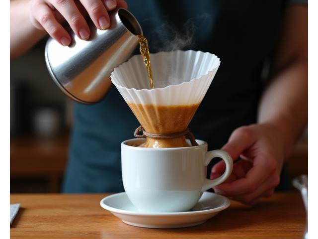 A pour-over coffee being meticulously brewed by a barista.