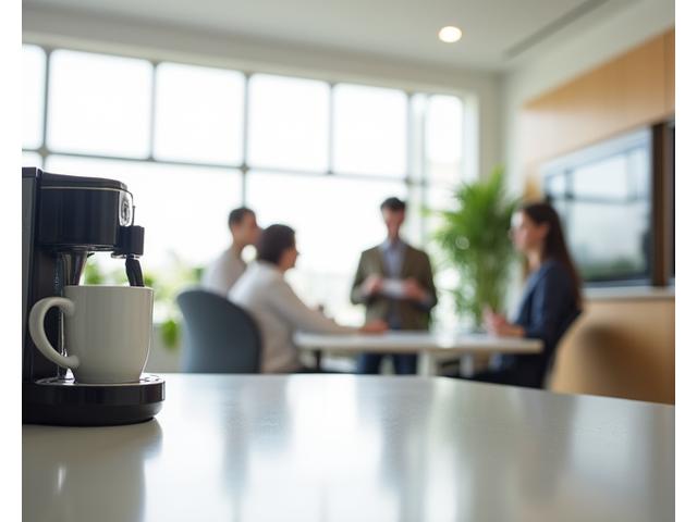 Modern office space with a coffee machine and people collaborating.