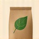 Compostable coffee bag with leaf icon.