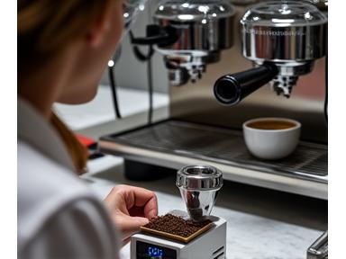 A professional coffee machine with a barista weighing coffee.