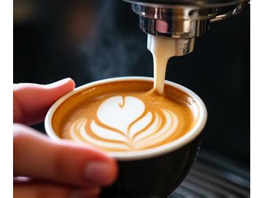 Close-up of a barista pouring latte art.