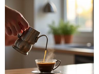 A person preparing pour-over coffee at home.