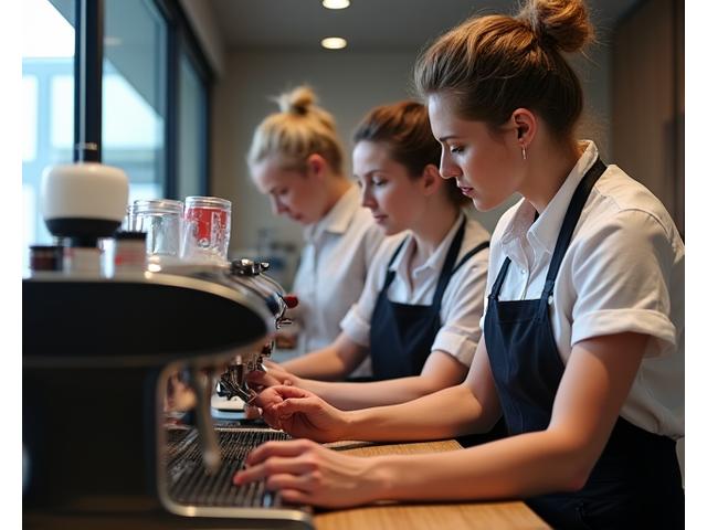 Team members learning to operate a professional coffee machine during an office training session