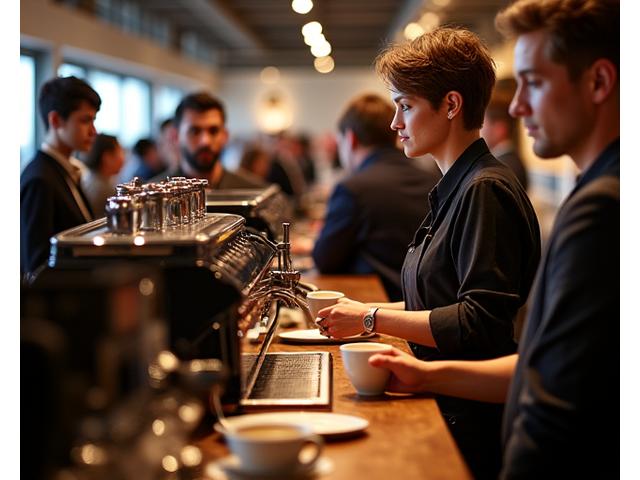 Professional mobile coffee bar setup at a corporate event with attendees enjoying coffee