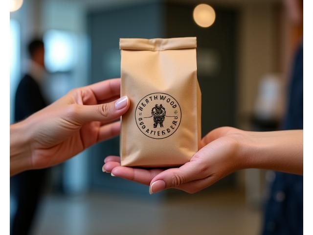 Coffee beans being delivered to an office setting, hands exchanging bags of coffee