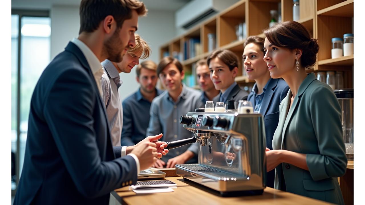 Professional barista demonstrating coffee machine operation in a modern office pantry