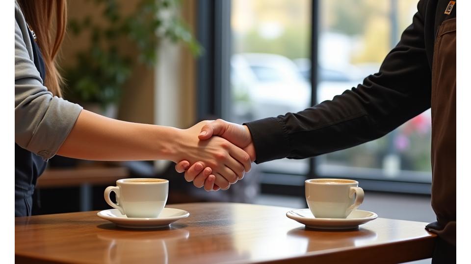 Two business owners shaking hands over coffee, symbolizing local business collaboration