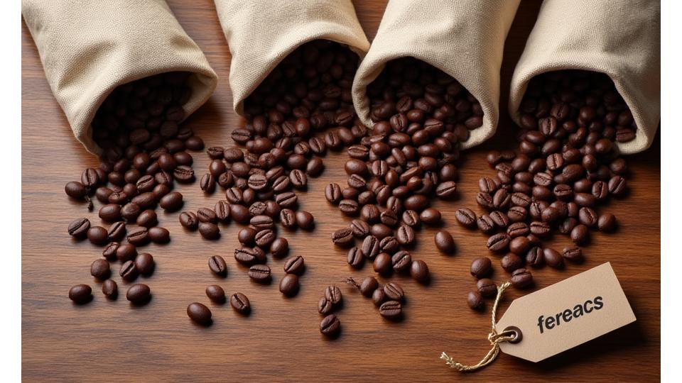 Diverse selection of gourmet coffee beans laid out, with tasting notes cards