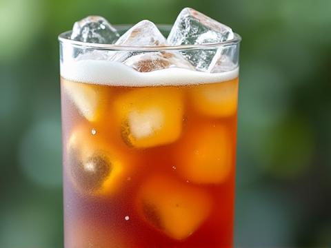 Refreshing glass of plant-based cold brew coffee with ice and a subtle ripple of plant milk, condensation on the glass emphasizes coolness.