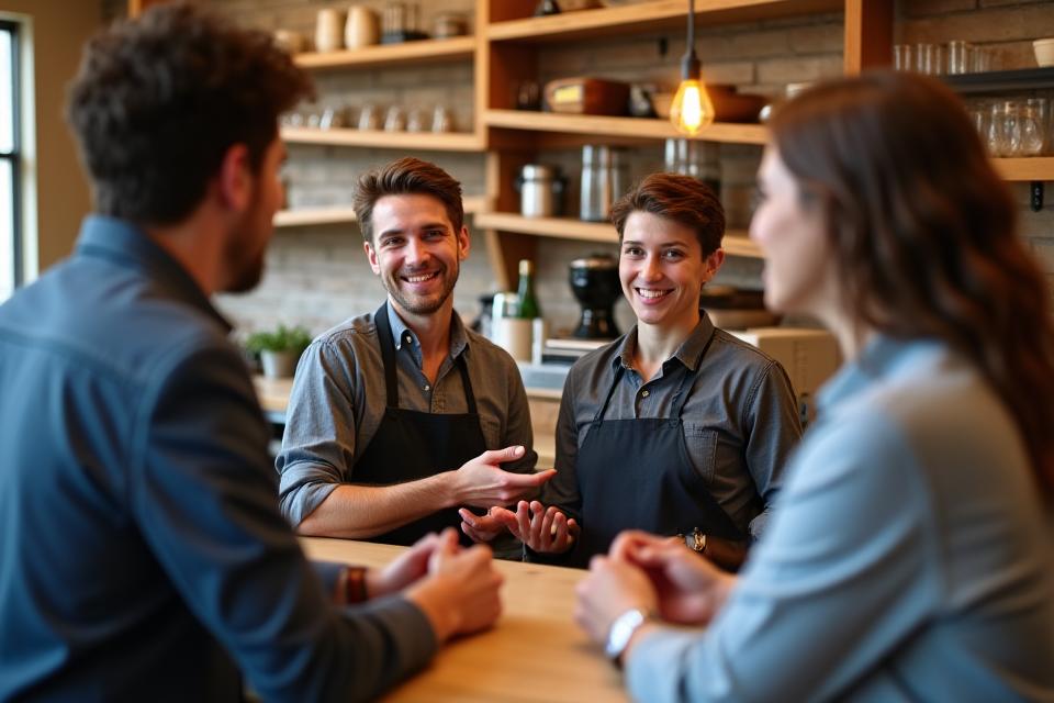 A friendly barista attentively speaking with a customer across a cafe counter, in a thoughtful discussion about a custom dietary order, emphasizing personalized service.