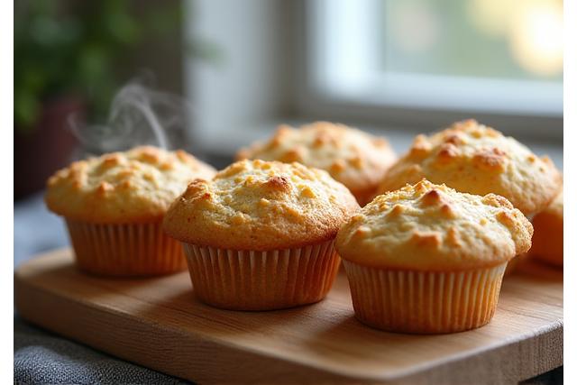 Assortment of golden-brown gluten-free muffins and scones on a rustic wooden board, showing appetizing textures.